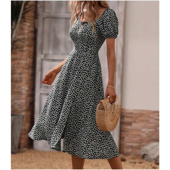 Red Boho Floral Print Puff Sleeve Slit Midi Dress - Picture 16 of 16